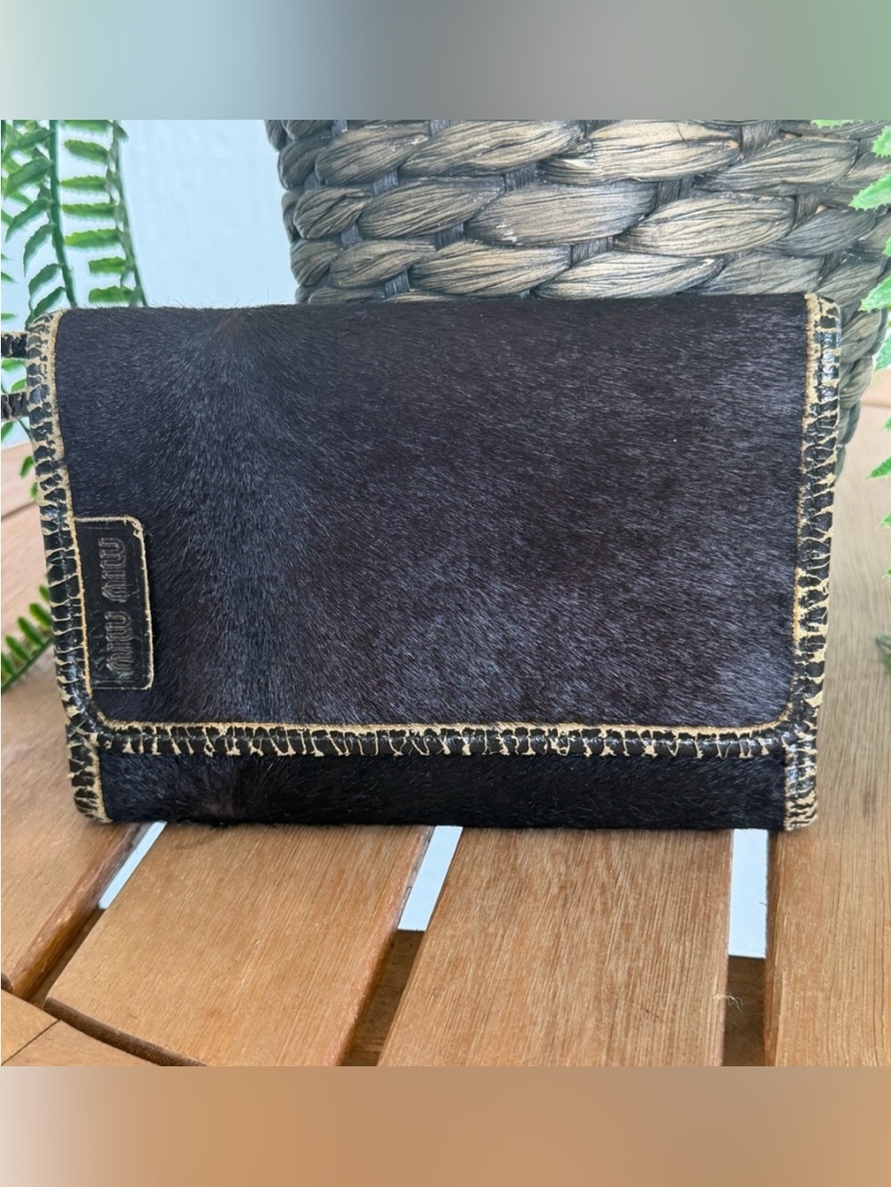 Miu Miu Black Haircalf Leather Foldover Wallet Clutch